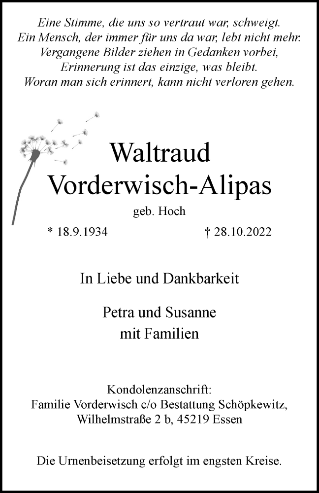  Traueranzeige für Waltraud Vorderwisch-Alipas vom 05.11.2022 aus Tageszeitung