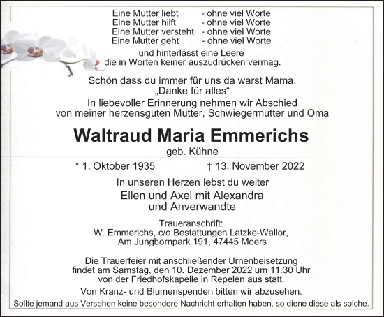 Traueranzeige von Waltraud Maria Emmerichs von Tageszeitung