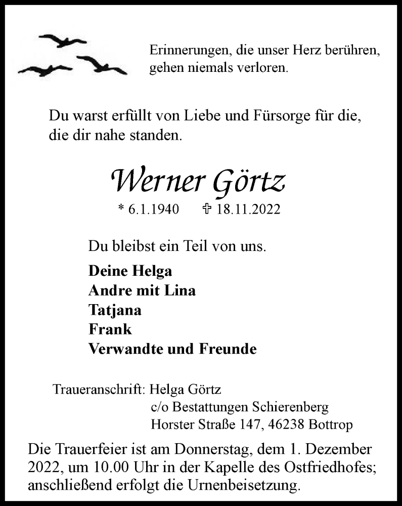  Traueranzeige für Werner Görtz vom 26.11.2022 aus WVW Anzeigenblätter