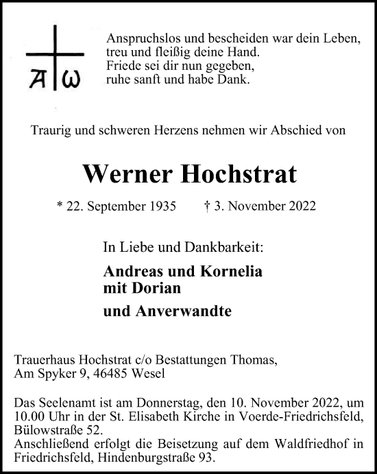 Traueranzeige von Werner Hochstrat von Tageszeitung