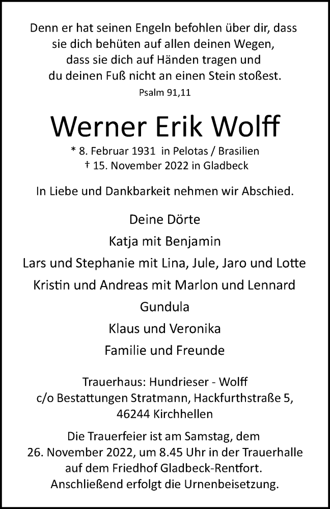  Traueranzeige für Werner Erik Wolff vom 24.11.2022 aus Tageszeitung
