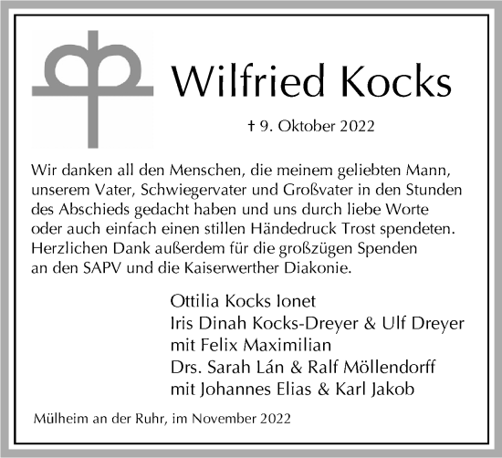 Traueranzeige von Wilfried Kocks von Tageszeitung