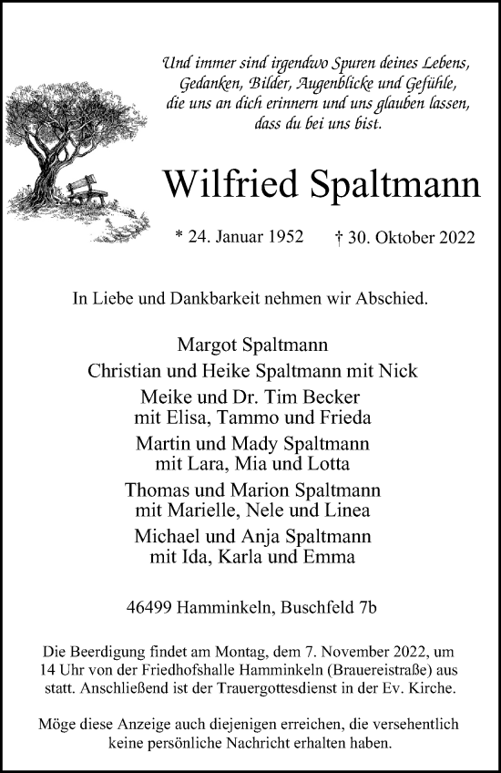 Traueranzeige von Wilfried Spaltmann von Tageszeitung