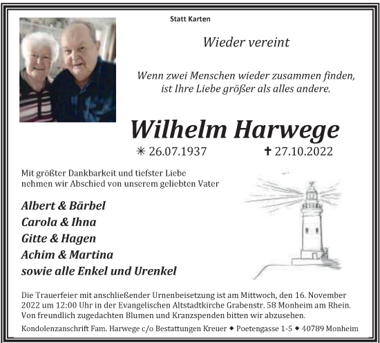 Traueranzeige von Wilhelm Harwege von Tageszeitung