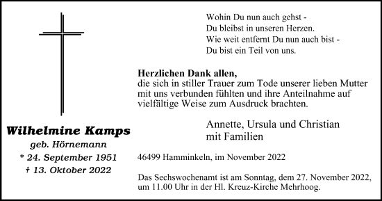 Traueranzeige von Wilhelmine Kamps von Tageszeitung