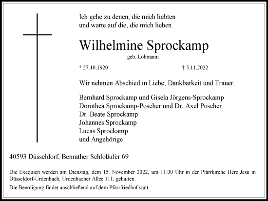 Traueranzeige von Wilhelmine Sprockamp von Tageszeitung