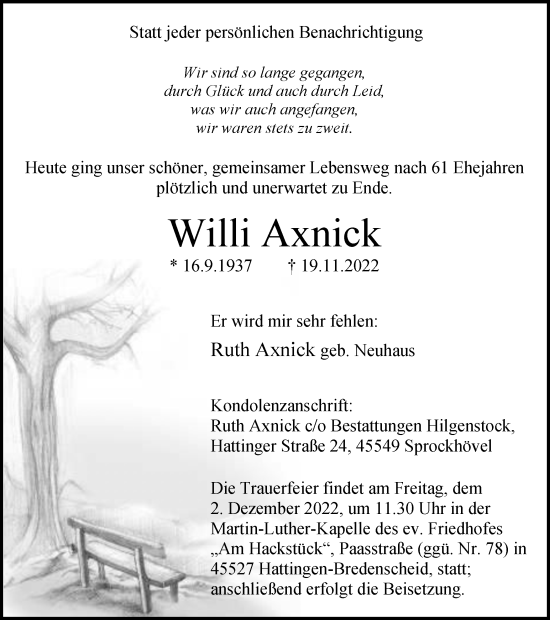 Traueranzeige von Willi Axnick von WVW Anzeigenblätter