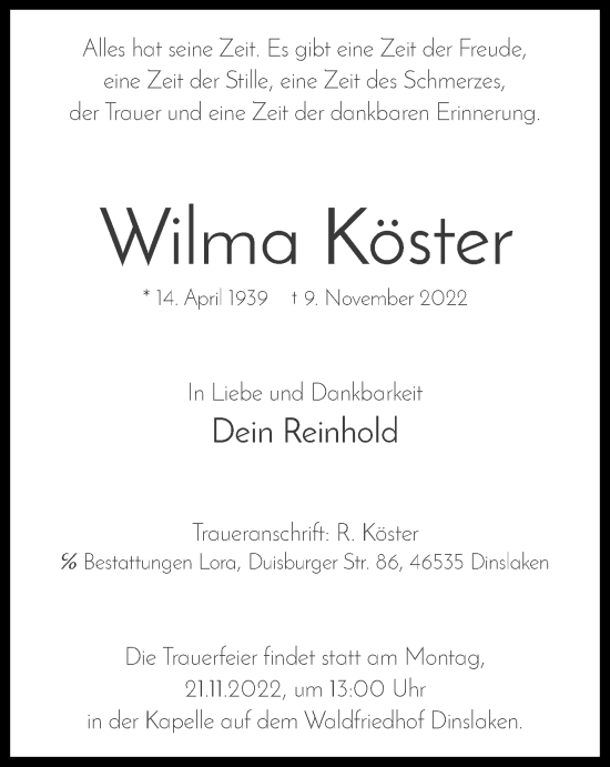 Traueranzeige von Wilma Köster von Tageszeitung