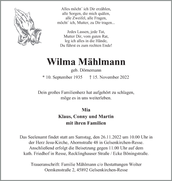 Traueranzeige von Wilma Mählmann von Tageszeitung