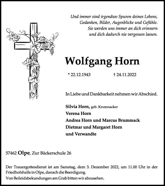 Traueranzeige von Wolfgang Horn von Tageszeitung