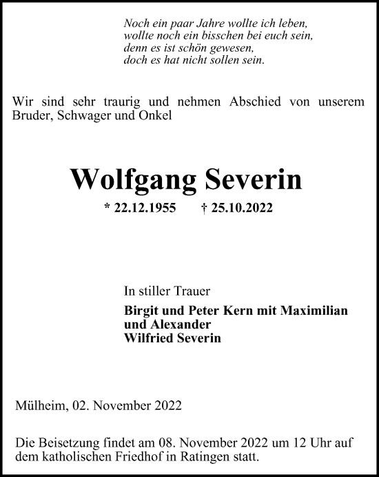 Traueranzeige von Wolfgang Severin von Tageszeitung