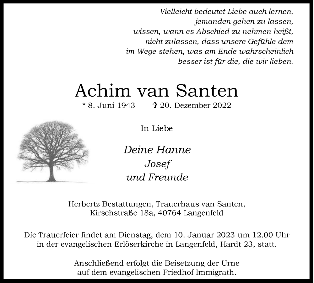  Traueranzeige für Achim van Santen vom 30.12.2022 aus WVW Anzeigenblätter