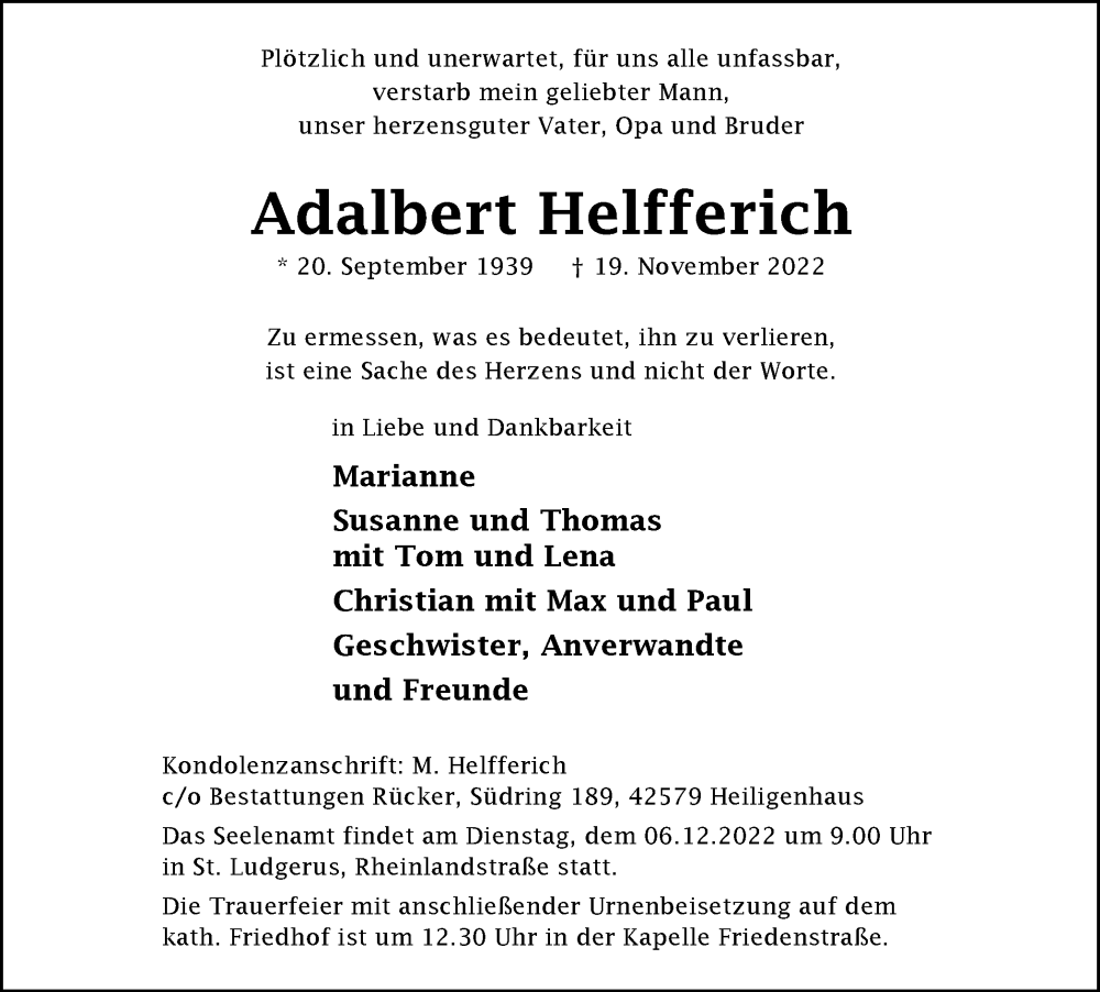  Traueranzeige für Adalbert Helfferich vom 03.12.2022 aus WVW Anzeigenblätter