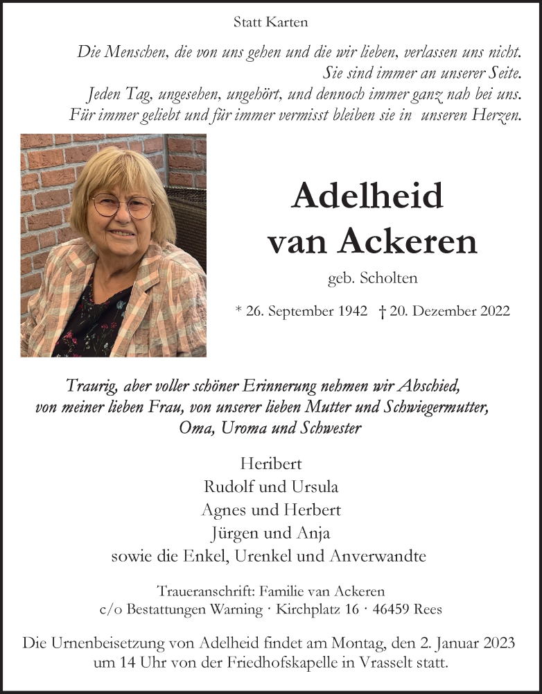  Traueranzeige für Adelheid van Ackeren vom 31.12.2022 aus Tageszeitung