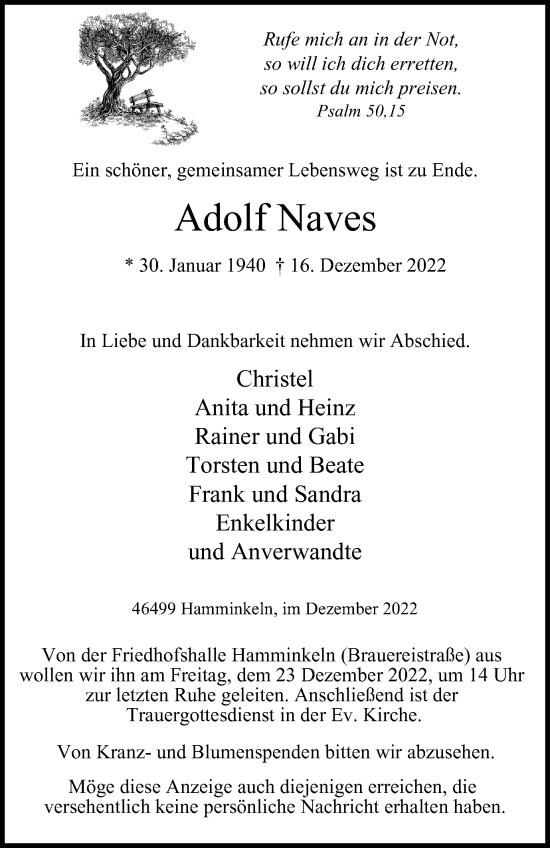 Traueranzeige von Adolf Naves von Tageszeitung