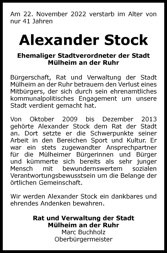 Traueranzeige von Alexander Stock von Tageszeitung