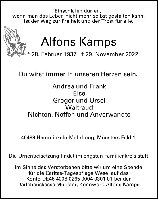 Traueranzeige von Alfons Kamps von Tageszeitung