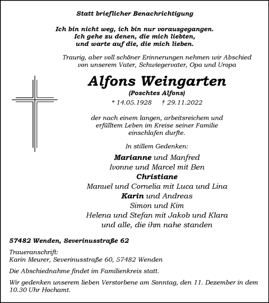 Traueranzeige von Alfons Weingarten von Tageszeitung