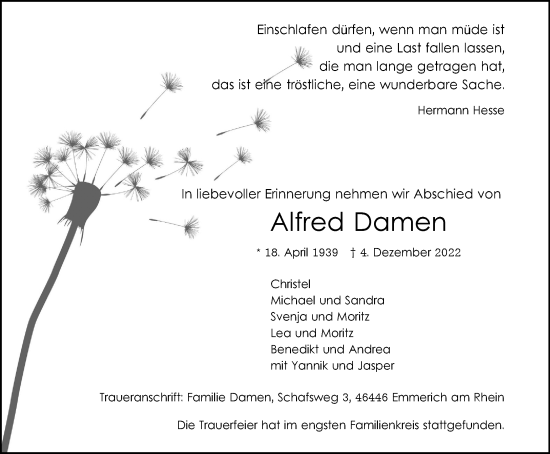 Traueranzeige von Alfred Damen von WVW Anzeigenblätter