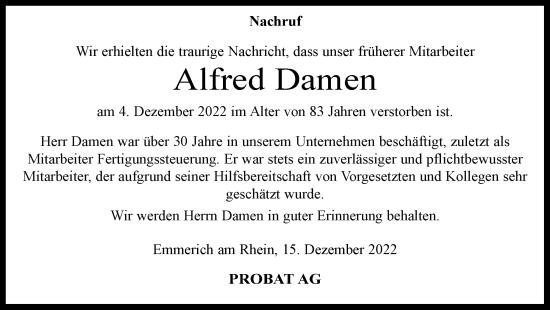 Traueranzeige von Alfred Damen von Tageszeitung