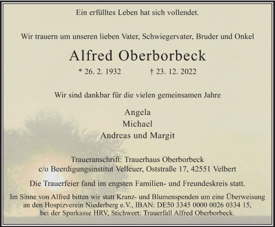 Traueranzeige von Alfred Oberborbeck von WVW Anzeigenblätter