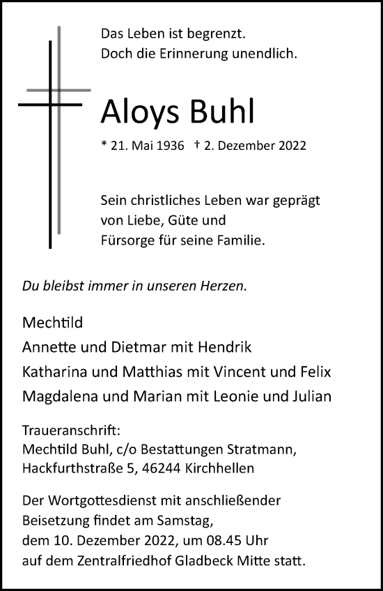 Traueranzeige von Aloys Buhl von Tageszeitung