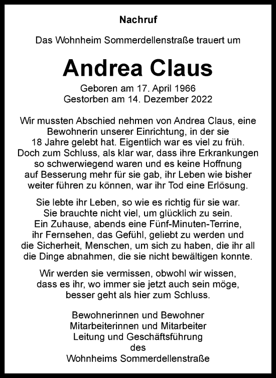 Traueranzeige von Andrea Claus von Tageszeitung