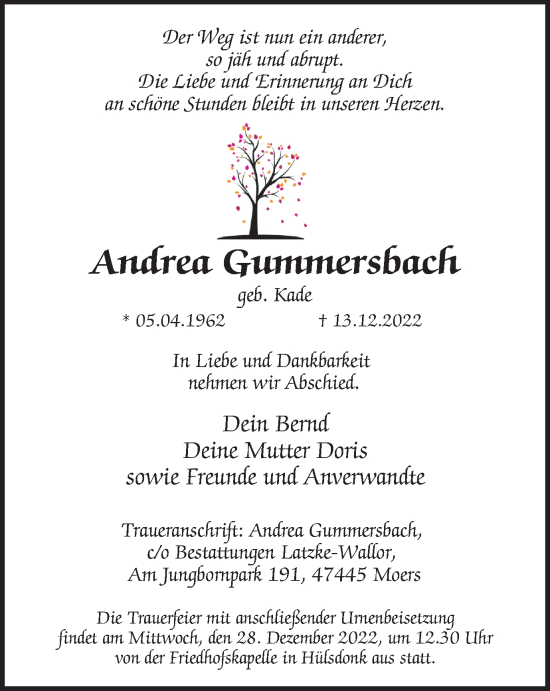 Traueranzeige von Andrea Gummersbach von Tageszeitung