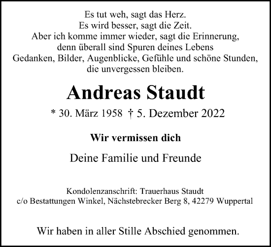 Traueranzeige von Andreas Staudt von Tageszeitung
