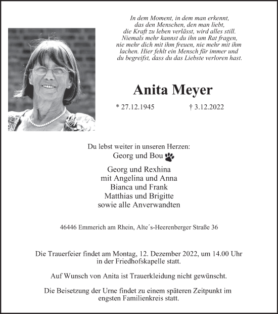 Traueranzeige von Anita Meyer von WVW Anzeigenblätter
