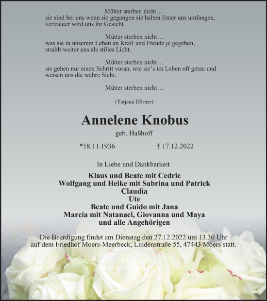 Traueranzeige von Annelene Knobus von WVW Anzeigenblätter
