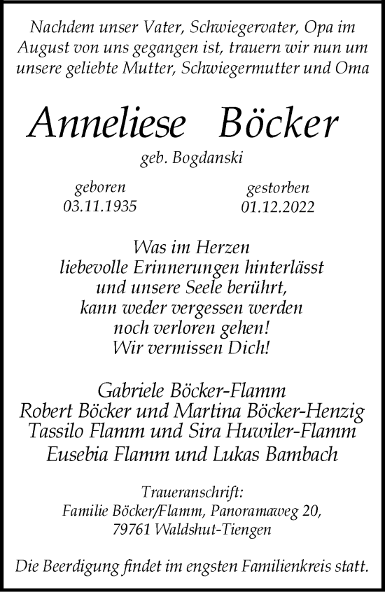 Traueranzeige von Anneliese Böcker von Tageszeitung
