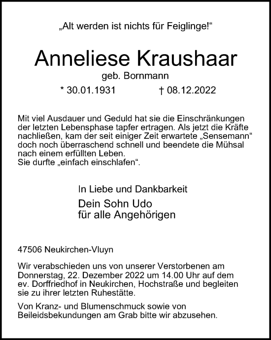 Traueranzeige von Anneliese Kraushaar von Tageszeitung