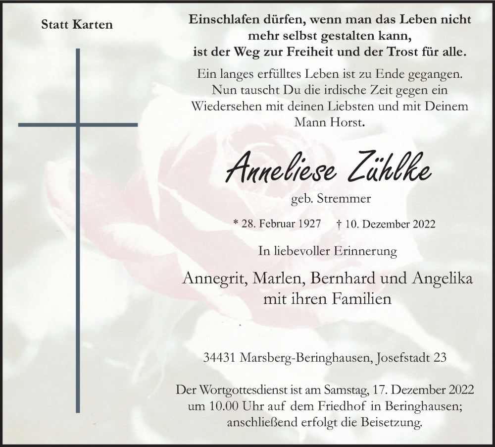  Traueranzeige für Anneliese Zühlke vom 13.12.2022 aus Tageszeitung