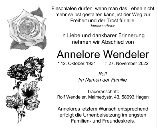 Traueranzeige von Annelore Wendeler von Tageszeitung