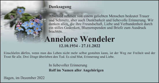 Traueranzeige von Annelore Wendeler von Tageszeitung
