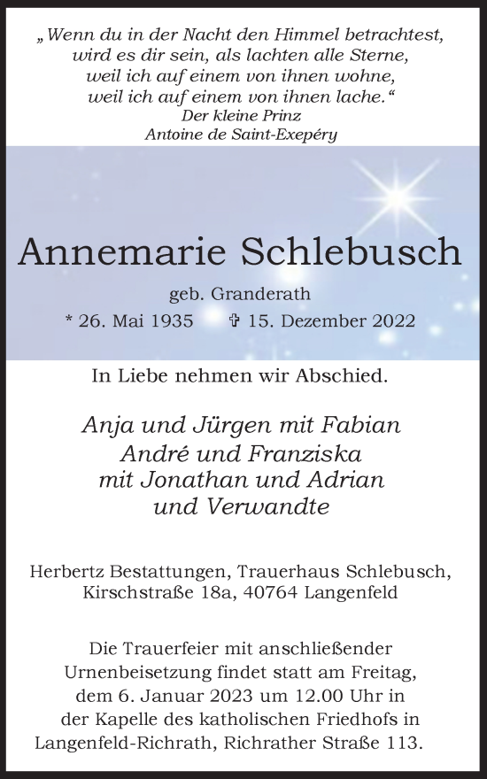 Traueranzeige von Annemarie Schlebusch von WVW Anzeigenblätter