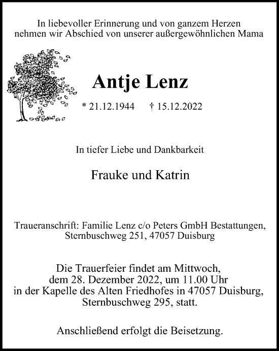 Traueranzeige von Antje Lenz von Tageszeitung