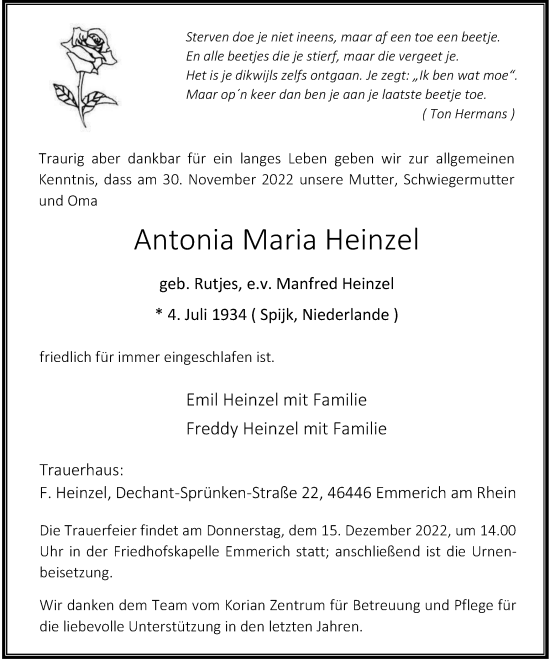 Traueranzeige von Antonia Maria Heinzel von WVW Anzeigenblätter
