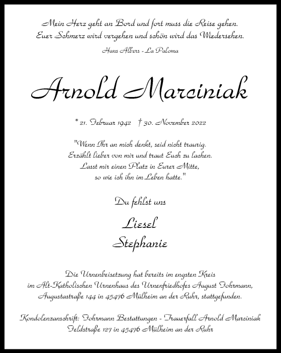 Traueranzeige von Arnold Marciniak von WVW Anzeigenblätter