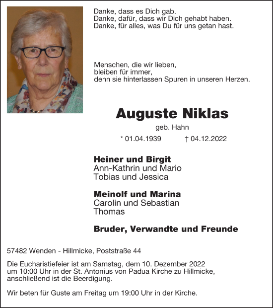 Traueranzeige von Auguste Niklas von Tageszeitung