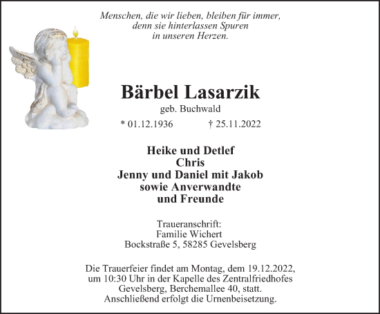 Traueranzeige von Bärbel Lasarzik von Tageszeitung