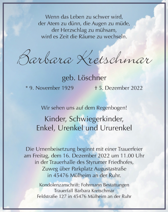 Traueranzeige von Barbara Kretschmar von WVW Anzeigenblätter