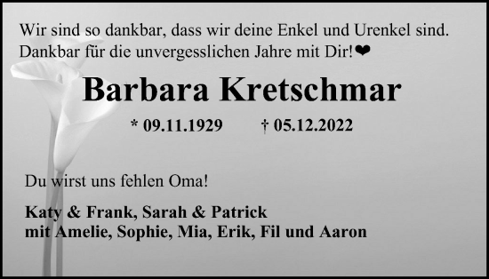 Traueranzeige von Barbara Kretschmar von WVW Anzeigenblätter
