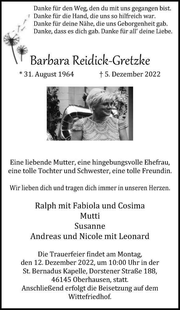  Traueranzeige für Barbara Reidick-Gretzke vom 10.12.2022 aus WVW Anzeigenblätter