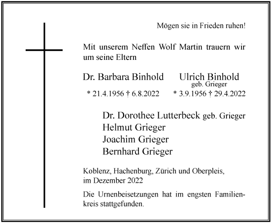 Traueranzeige von Barbara und Ulrich Binhold von Tageszeitung
