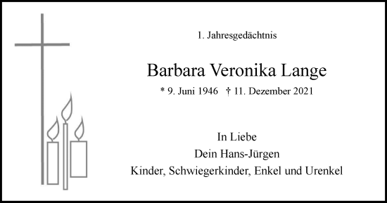 Traueranzeige von Barbara Veronika Lange von Tageszeitung