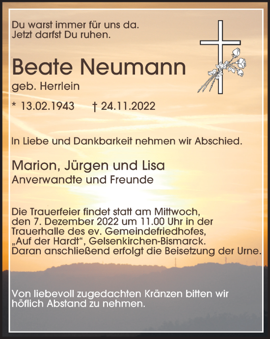 Traueranzeige von Beate Neumann von WVW Anzeigenblätter