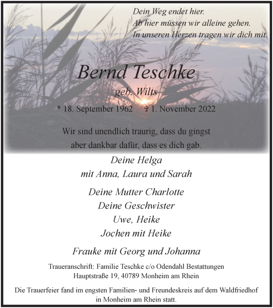 Traueranzeige von Bernd Teschke von WVW Anzeigenblätter