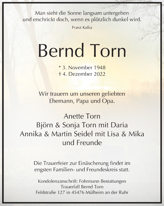 Traueranzeige von Bernd Torn von WVW Anzeigenblätter